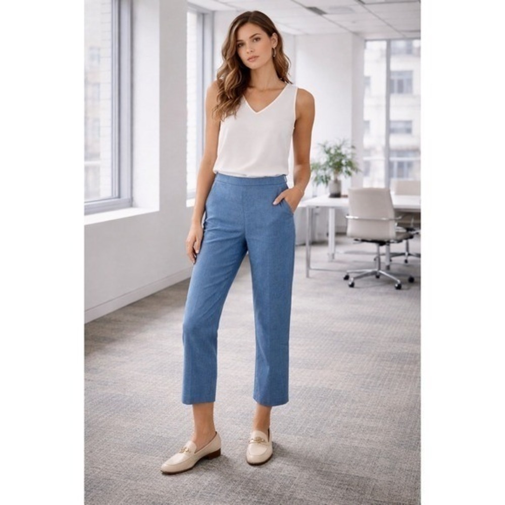 Theory Treeca Pull On Eco Sharkskin Pants Linen Blend Blue Size 2